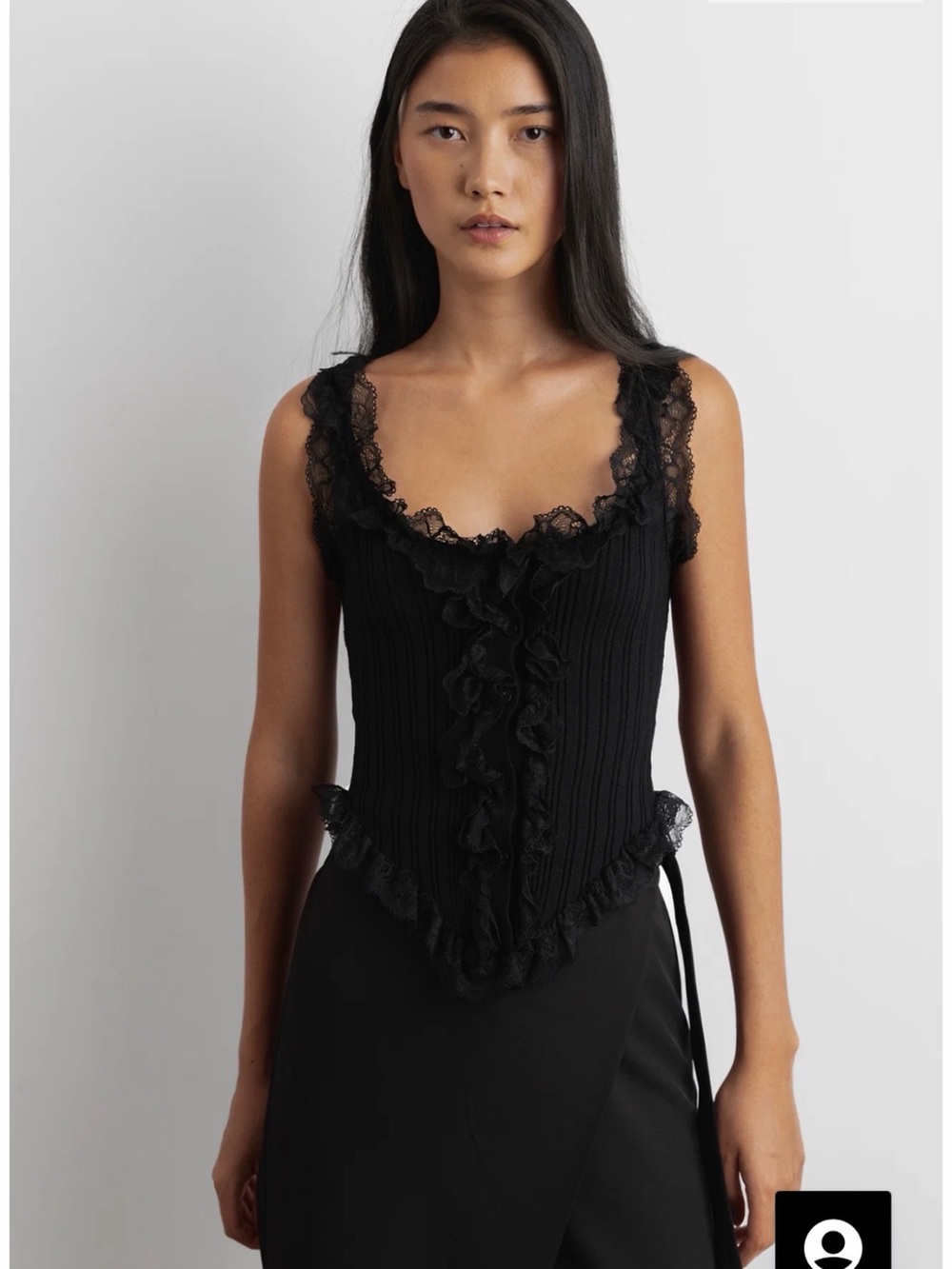 OAK + FORT Black Lace-Trim Ribbed Bandeau Top